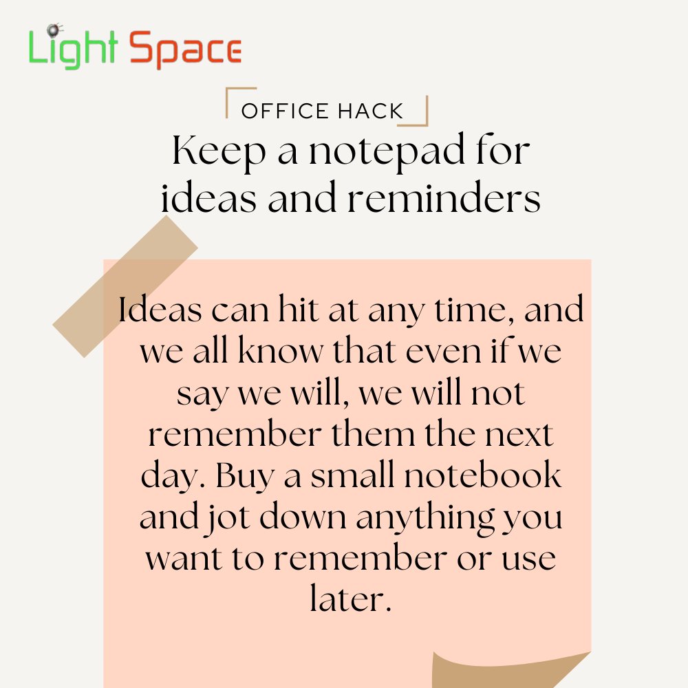 LightSpaceng's tweet photo. Keep a notepad for ideas and reminders.
#officehack
#productivitytuesday https://t.co/OY1rpUN82Q