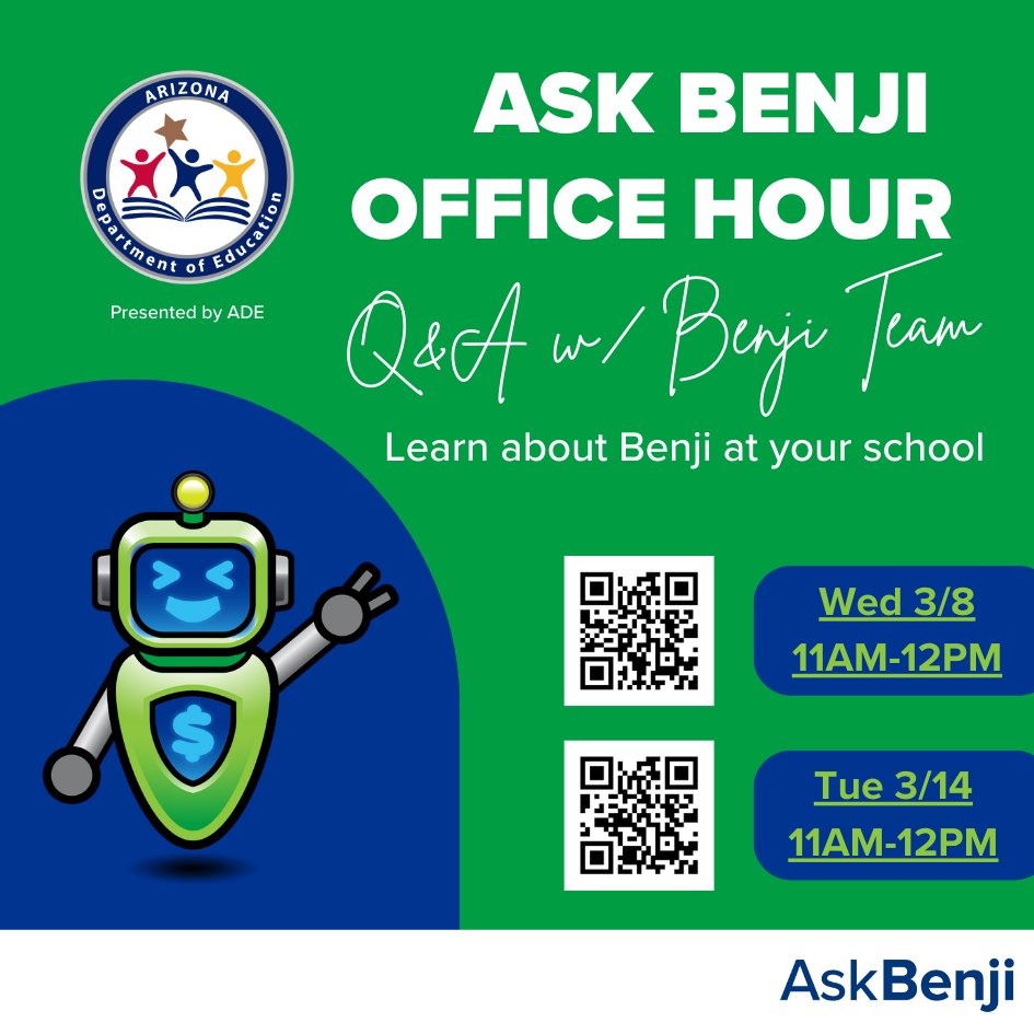 BenjiFafsa's tweet photo. Join the Ask Benji team’s Office Hours, presented in partnership with the @azedschools! Get your Q's answered + learn about using Benji in your school to provide students with FAFSA assistance. Two virtual sessions will be hosted: 
https://t.co/wWavFFXY0z
https://t.co/DRDqbMspDp https://t.co/Vgg0Hvi5HP
