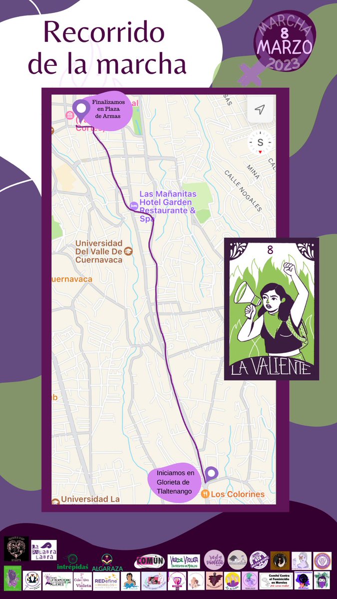 Ruta de la marcha #8m en #Cuernavaca. 
Comenzamos en la glorieta de  Tlaltenango, bajamos por Av. Morelos y Álvaro Obregón hasta llegar  calle Ricardo Linares, cruzamos para integrarnos a calle Mariano Matamoros, Col Centro concluimon en plaza de armas entrando por
Gutemberg.