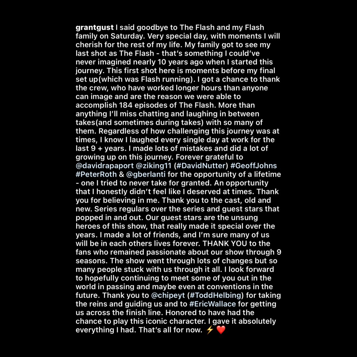 superflashwest's tweet photo. Grant’s post… I knew this one would make me cry the most, but oh wow. What a spectacular run, I’m so fcking grateful to Grant for all he’s given to us &amp; to his role as Barry. I just can’t put into words how much he &amp; this show have changed my life. 💔⚡️
#TheFlash  #TheFinalRun https://t.co/VqTPxNVEJn