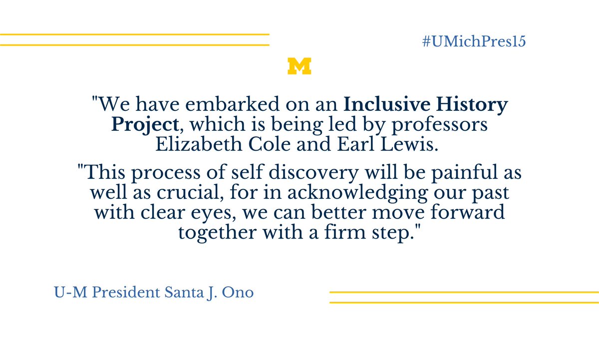 “Racism is one of America’s original sins, and sadly, the University of Michigan has not been immune… Our nation is searching for a better way to deliver on the promises of justice, inclusion, and diversity.” @UMichPrezOno #UMichPres15