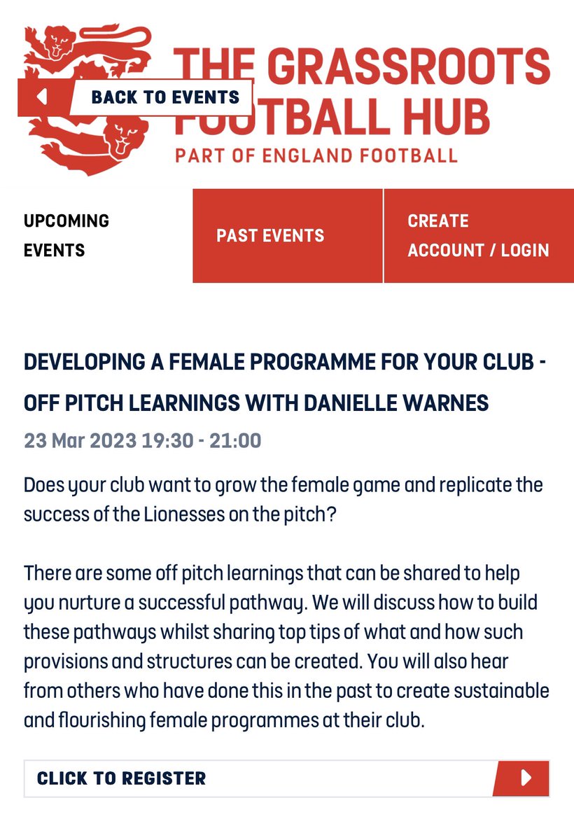 Ideal for those wanting to grow the female side of their club - @EnglandFootball @Lionesses off pitch learnings of female provisions in grassroots with @dani_warnes - 

Sign up - englandfootballgrassrootshub.co.uk/events/71 Date 23/3 7.30-9pm 

@BirminghamFA @psolympicfc @AveryLions @BWarriorsFC1