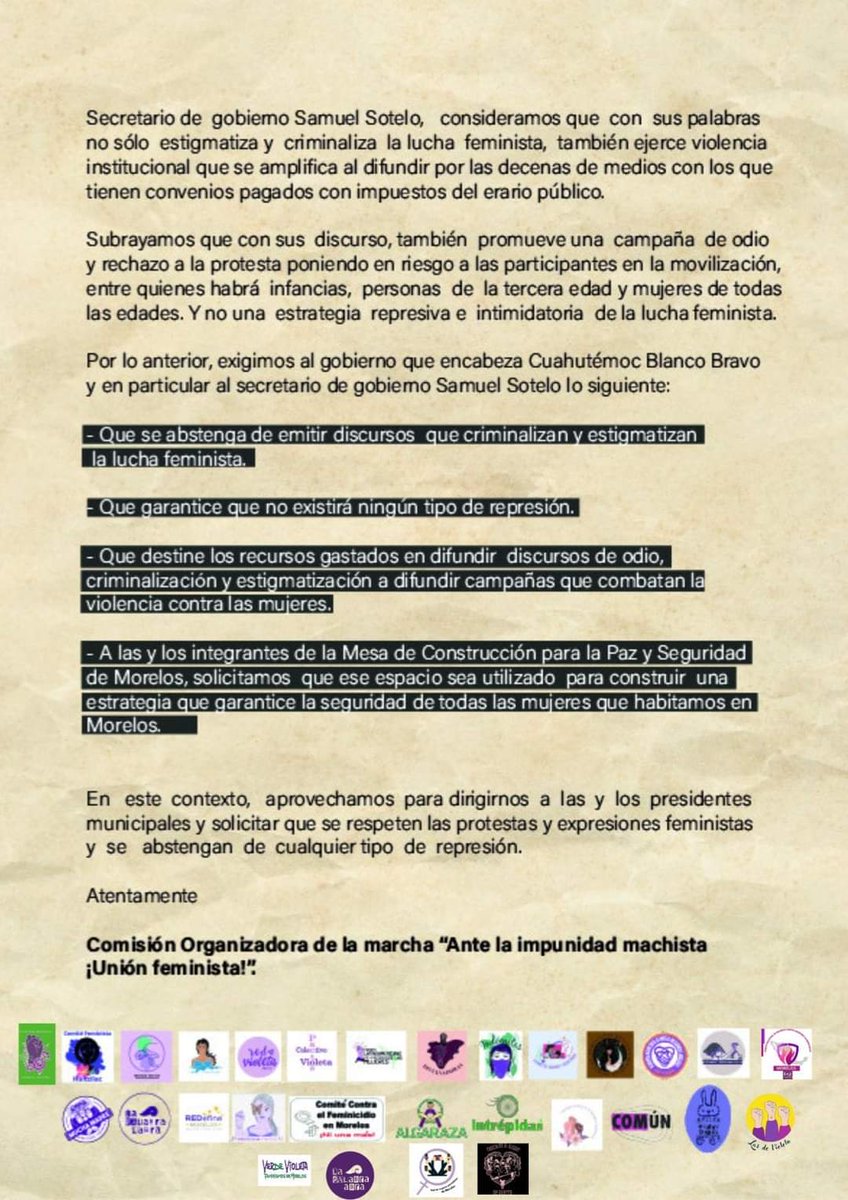 📣📣Colectivas feministas  y mujeres autoconvocadas exigimos cero represión, criminalización y estigmatización a la lucha feminista. 

#ProtestarNoEsDelito #8M

Cuauhtémoc Blanco 
Secretaría de Gobierno 
Ces Morelos 

#8MMorelos #uniónfeminista
instagram.com/p/Cpf0FemuBqt/…