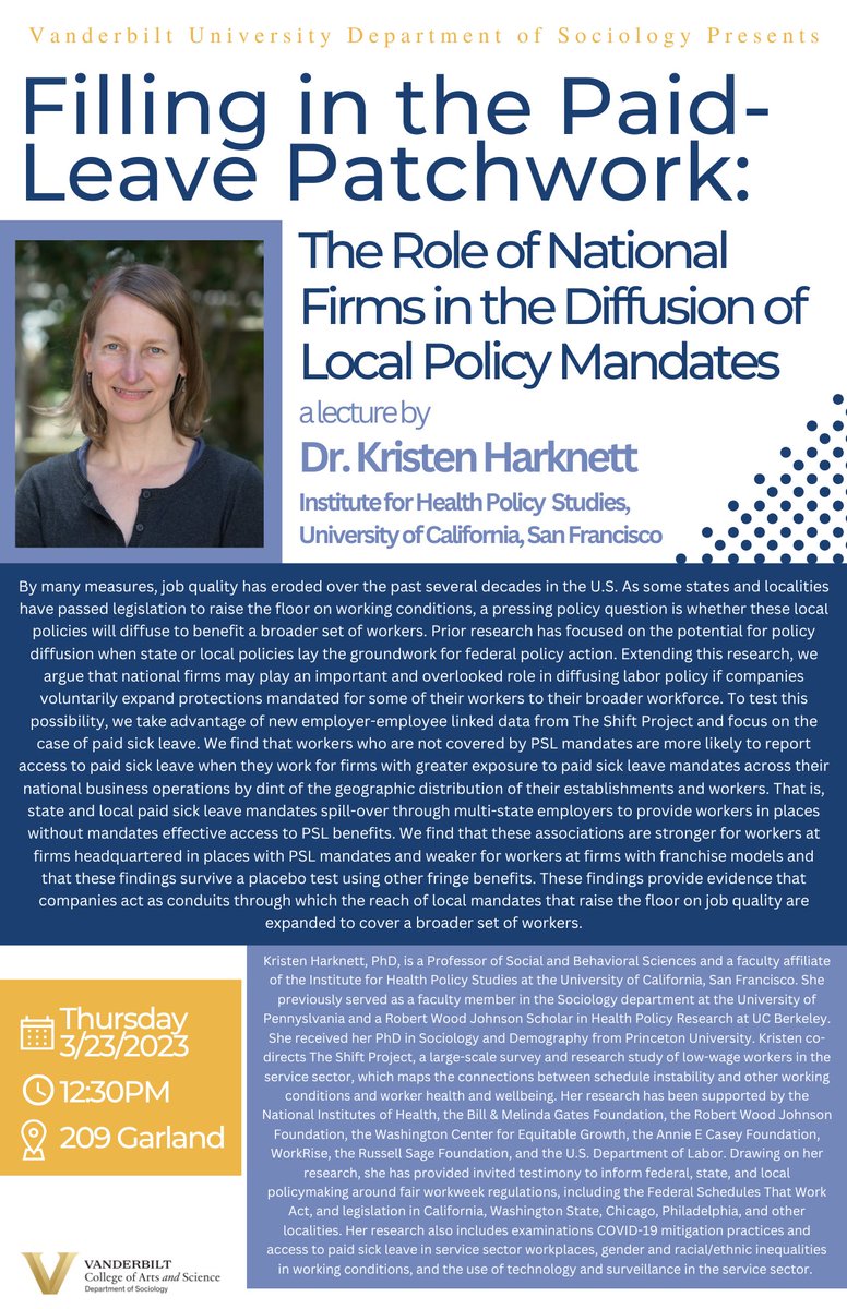 VUSociology's tweet photo. SAVE THE DATE!!
Please join @KristenHarknett with @Shift_HKS in a lecture on "Filling in the Paid-Leave Patchwork", Thursday, March 23rd at 12:30p in Garland Hall 209.
@VanderbiltU
#vandyu #sociology #kristenharknett #theshiftproject #lectureseries #paidleave https://t.co/xmE9WmIMWO