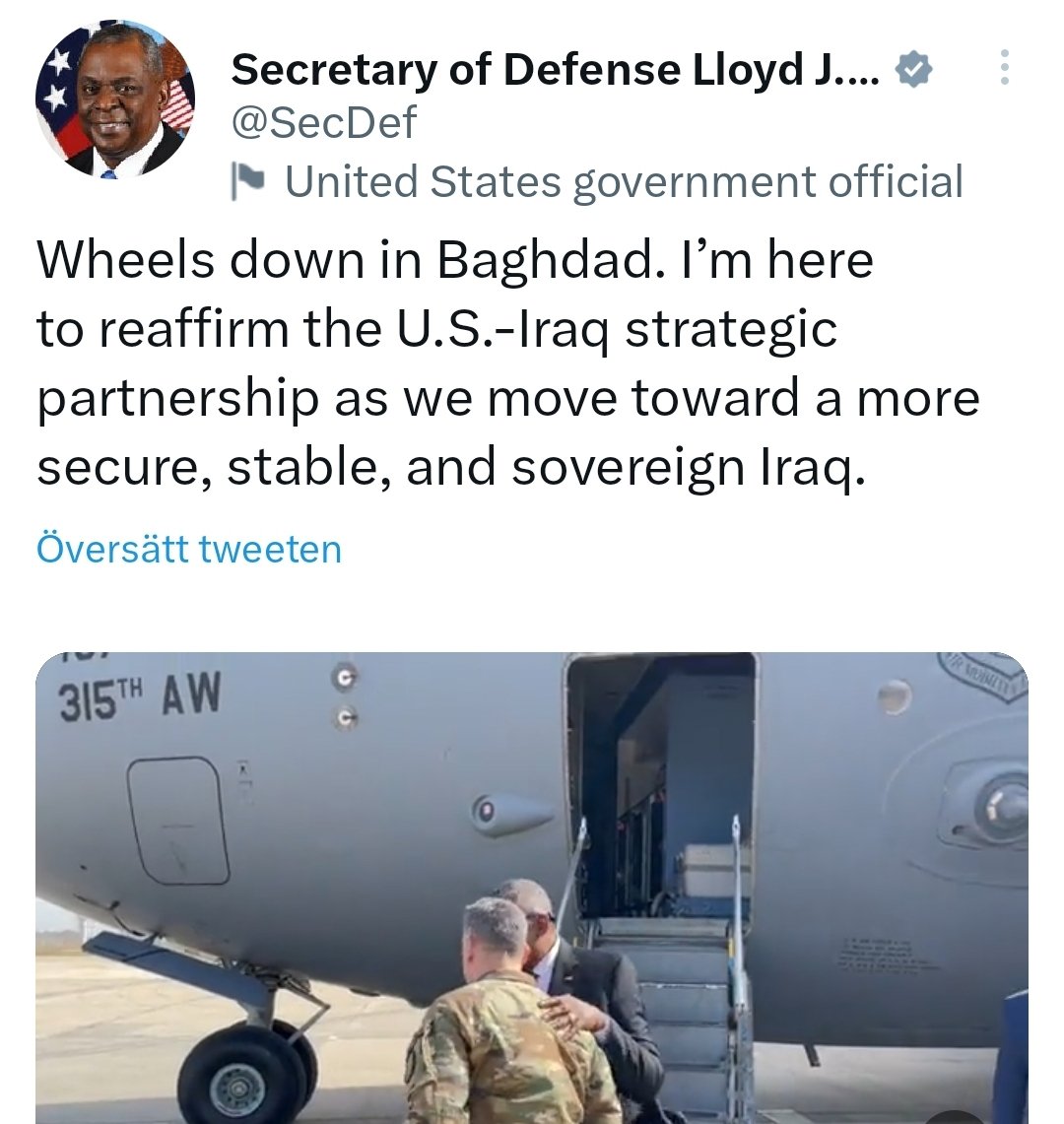 زيارة غير معلنة لوزير الدفاع الأمريكي الى بغداد...يؤكد اننا نشهد حاليًا نوعًا مختلفًا من  التعامل مع العراق...لن يكون دور العراق انعزاليا كما كان....والايام ستثبت ذلك....