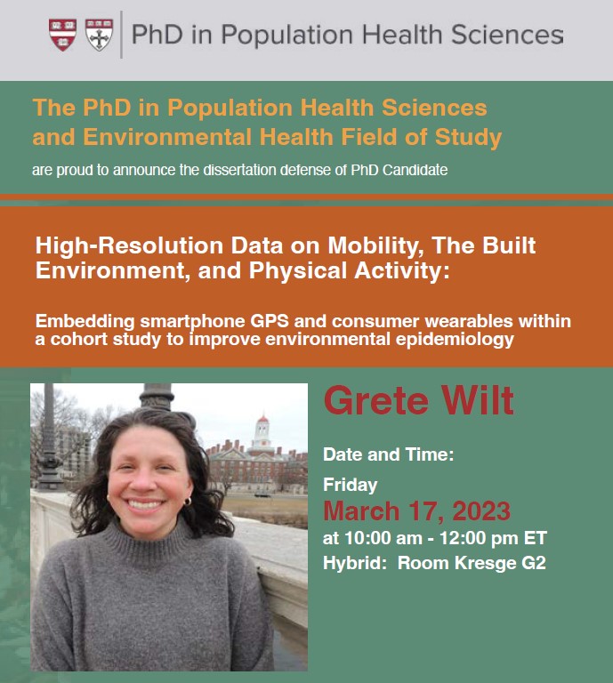 It's happening!!! Want to learn more about high-resolution data on mobility, the built environment, and physical activity + implications for environmental epidemiology? Come to my PhD defense on Friday, March 17th-in person or on zoom!