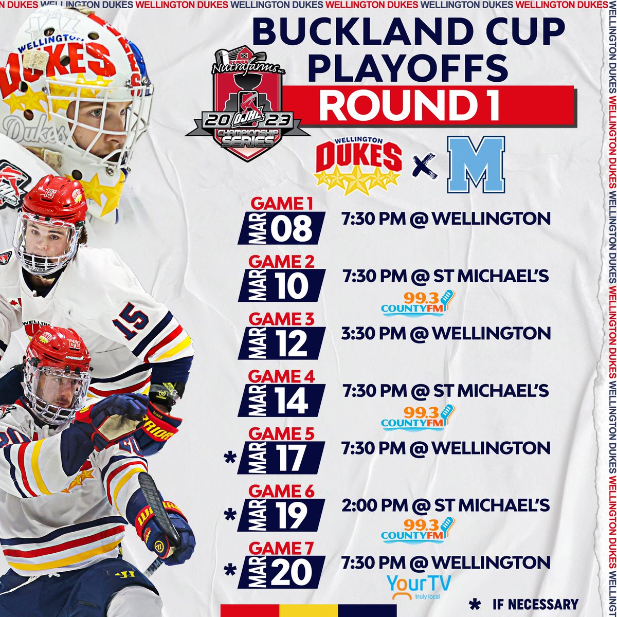 OJHLDukes's tweet image. The schedule for the Dukes Round 1 of the Buckland Cup Playoffs has been released. 

Don’t miss any of the action as the Dukes take on @stmbuzzers in a Best of 7 series starting Wednesday in Wellington

All games will be broadcast on @MyHockeyTV 

📷 Ed McPherson/OJHL Images