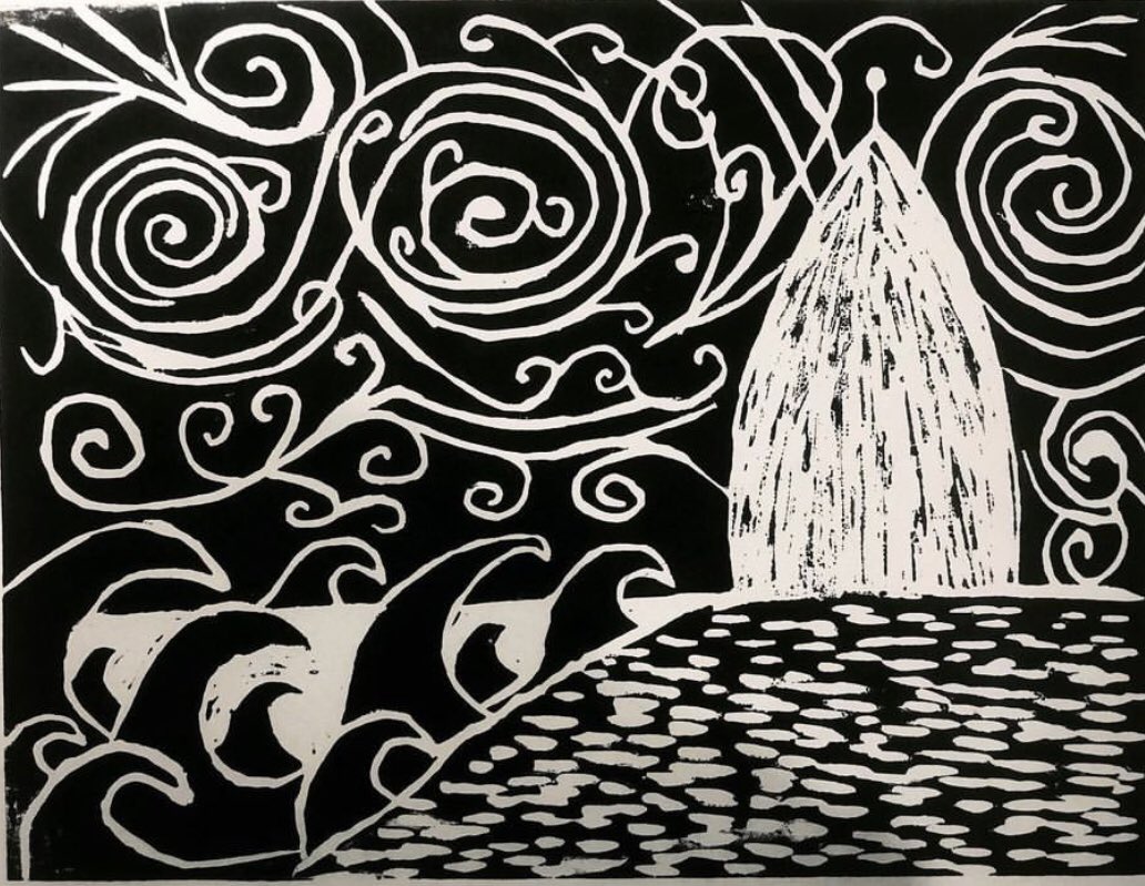 JennyKeaneNHS's tweet image. #AHPsCreative day 2/10 a doodle of sorts, one of my last linocuts #stormeunice #thebeacon #WildAtlanticWay art makes the best memories @WeAHPs