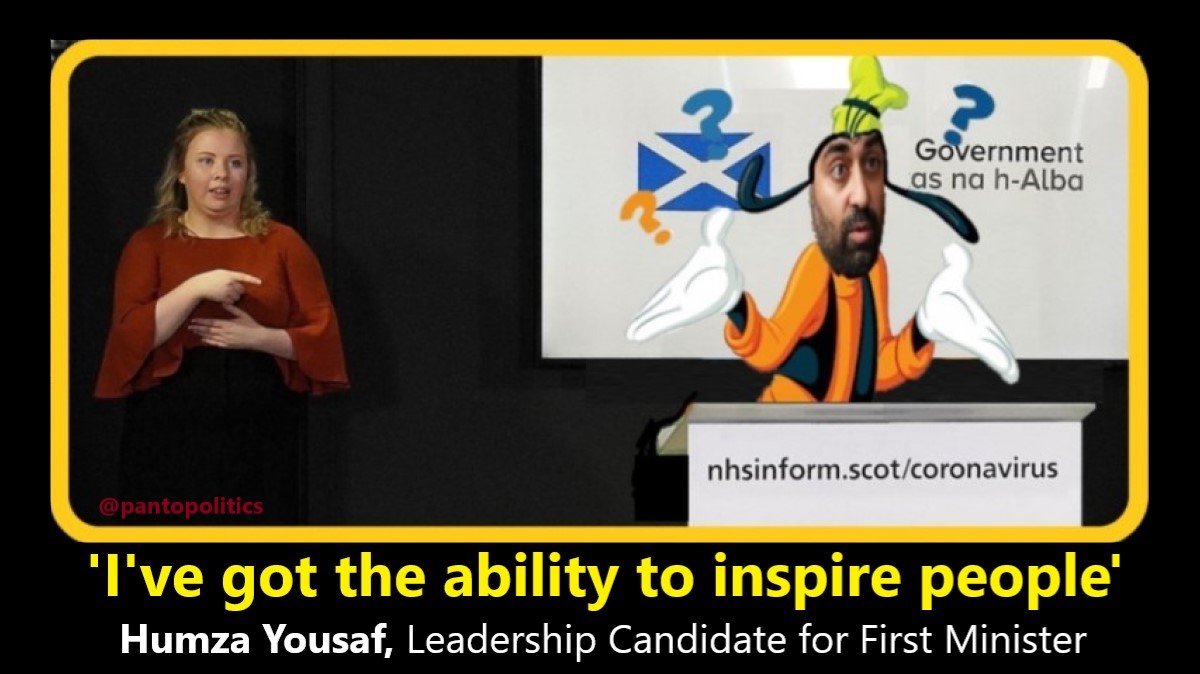 PantoPolitics22's tweet photo. Humza Yousaf BELIEVES he's 'got the ability to inspire people'...🤷
#LeadersDebate #STVDebate #HumzaNot4Scotland https://t.co/s2wf4UG4iq