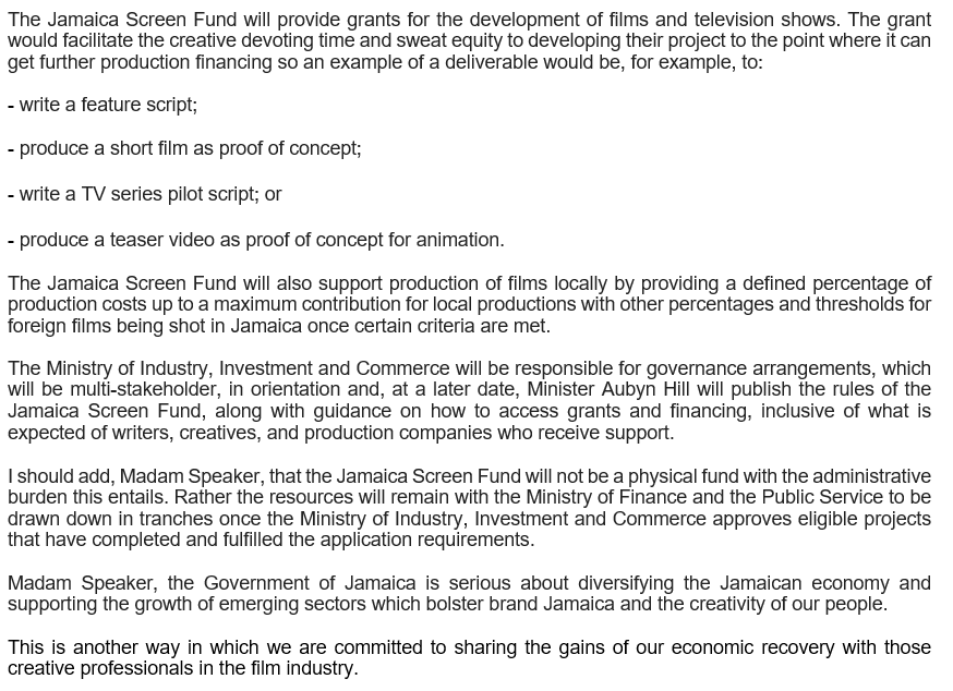 <a href="/NigelClarkeJa/">Nigel Clarke</a> outlines how the Jamaica Screen Fund will work. A partnership between the Ministry of Finance and the Public Service and the Ministry of Industry and Investment and Commerce. #BudgetDebate2023
