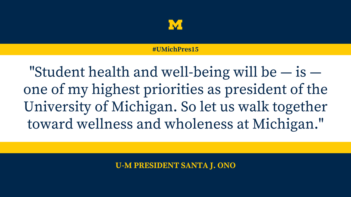Referencing the anxiety &amp; depression disorders that Gen Z is facing, @UMichPrezOno says he is pleased that U-M was one of the first US schools to adopt the Okanagan Charter committing the university to promoting the health &amp; well-being of each person on our campuses. #UMichPres15