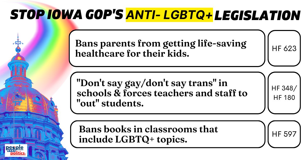 ❗ACTION ALERT❗ Anti-LGBTQ+ bills are scheduled to be debated TOMORROW (3/8)!

Here are the ways you can take action:

RT to tell your friends, family &amp; neighbors to write their lawmakers at: bit.ly/3SWuine
RALLY: Join us on 3/8 inside the Statehouse from 11-1 #ialegis
