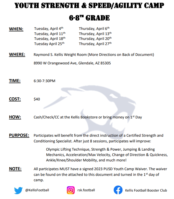 The RSK Football program is excited to host a Youth Speed/Agility Camp this April! Regardless of sport, <a href="/bkullos/">Coach Ben Kullos</a> wants to help your athlete perform at a higher level. For more information visit: kelliscougarfootball.org/page/show/1953…