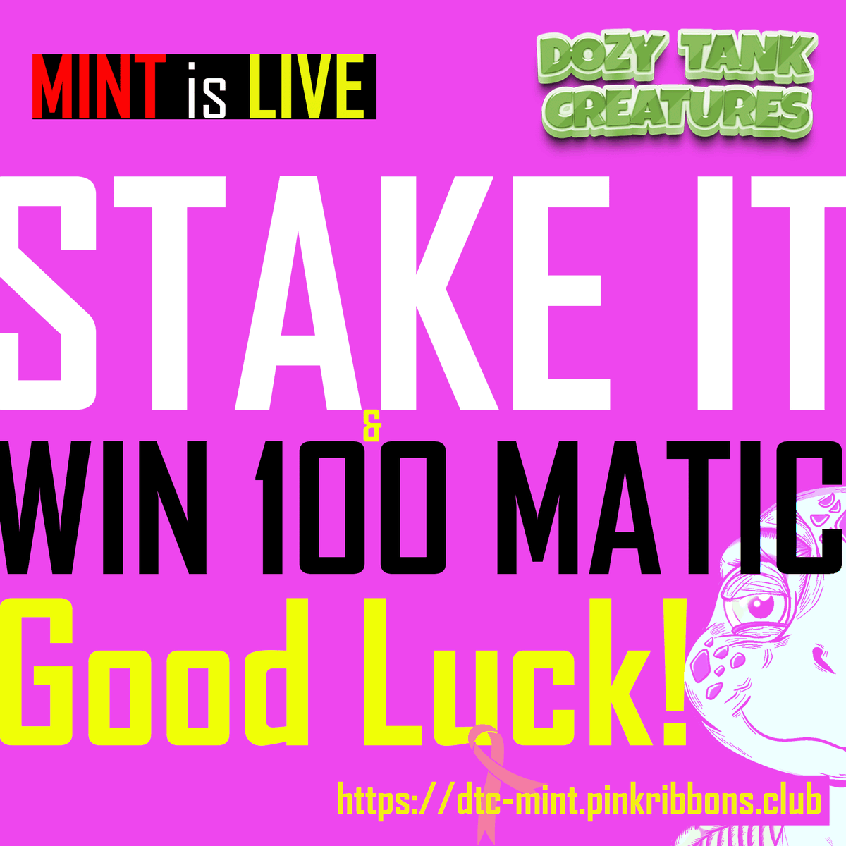 pinkribbonsclub's tweet photo. 🚨 GIVEAWAY ALERT 🚨

We're giving away 10 #DozyTankCreatures NFTs in 24 hours! 
Stake it to enter our 100 $MATIC contest 🤑

To win:
1️⃣ Like, RT &amp; follow us
2️⃣ Tag 3 friends

Hurry up, the clock is ticking ⏰ 

#NFTgiveaway #staking #Polygon #NFTFam https://t.co/vn4FA2aM3b