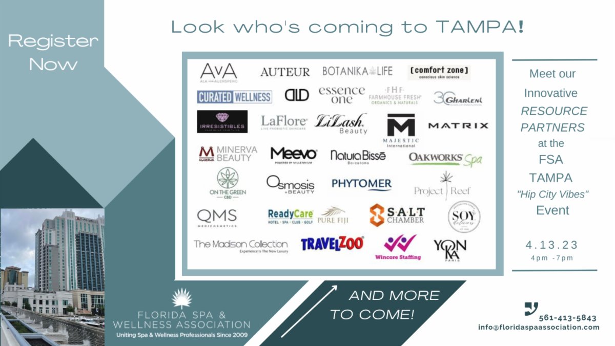 Get ready for an action-packed day at the FSA Tampa Event on April 13 at JW Marriott.  Meet with our Resource Partners offering insights into a hot spa market. Register now and join us for an unforgettable experience! 
Click here to read &amp; register:   conta.cc/3kRn1J3