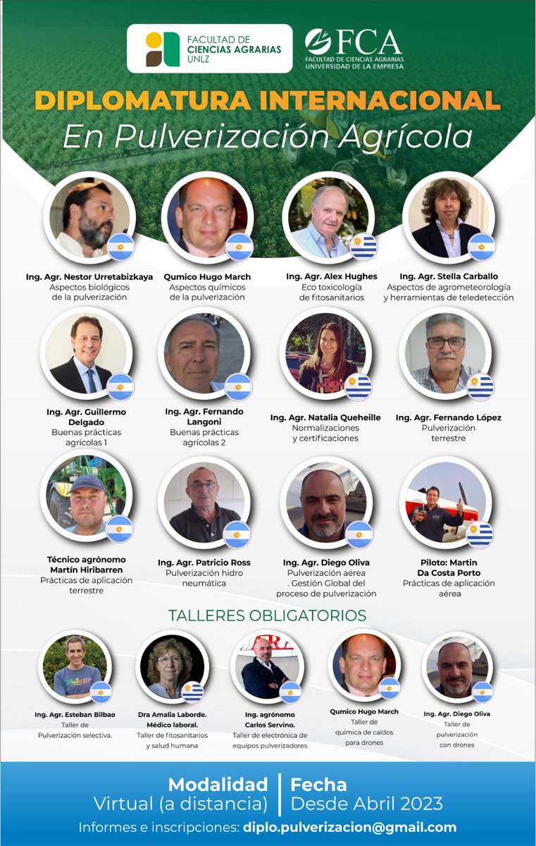 Llega la versión 2023 de la Diplomatura iInternacional en Pulverización Agrícola.
Vamos a participar hablando se #AplicacionesDirigidas 🎯🇦🇷🇺🇾
No te la pierdas!
 Para informes o inscripción enviar mail a diplo.pulverizacion@gmail.com