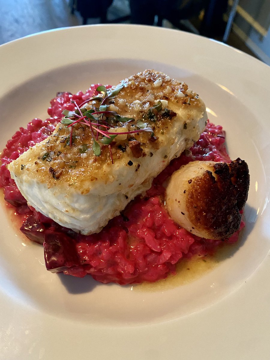 Macadamia crusted Halibut, Beet Risotto, add Scallop