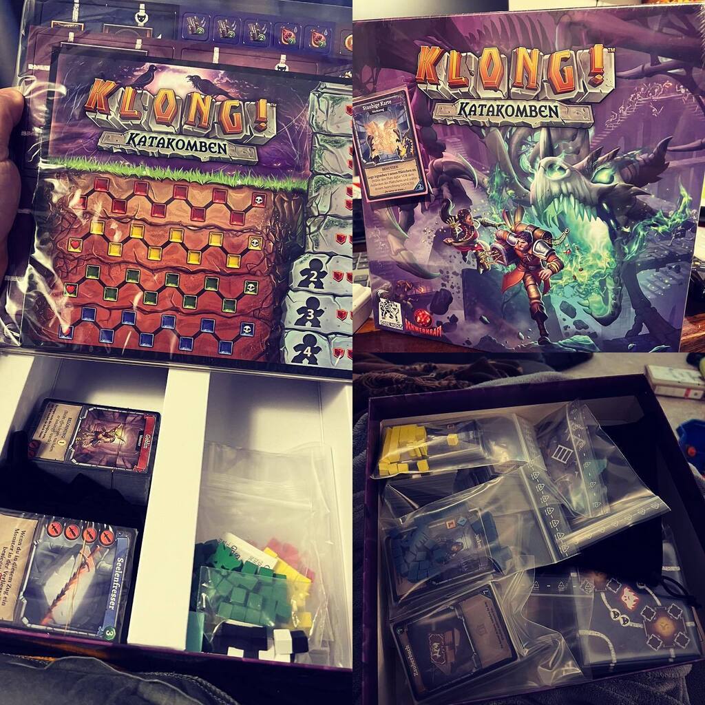 Vorher und Nachher. Inlay direkt zum wegwerfen. Alles gesleeved, in Sortierkasten gepackt und eingetütet. #klongkatakomben #clankcatacombs @schwerkraftverlag