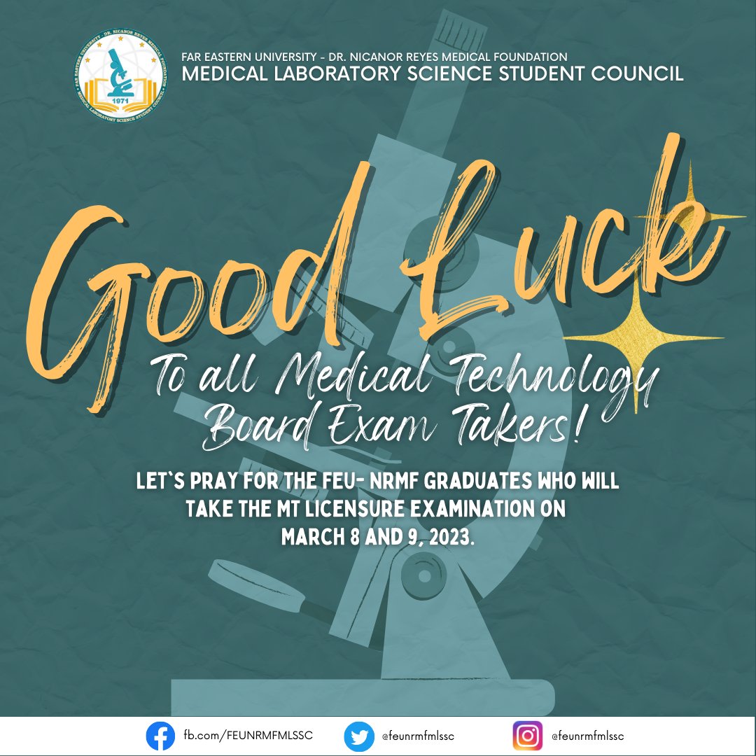 feunrmfmlssc's tweet photo. Ad Astra Per Aspera!
The FEU-NRMF Medical Laboratory Science Community is wishing you all good luck on your upcoming licensure examination!
#AdAstraPerAspera
#BeBrave
#FutureMedTech https://t.co/YLP4TANTve