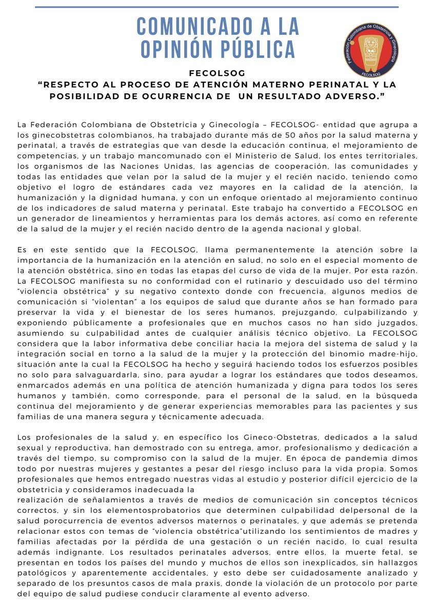 fecolsog's tweet photo. Enviamos a toda nuestra comunidad este comunicado RESPECTO AL PROCESO DE ATENCIÓN MATERNO PERINATAL Y LA POSIBILIDAD DE OCURRENCIA DE UN RESULTADO ADVERSO https://t.co/SW7WQWeIlI
