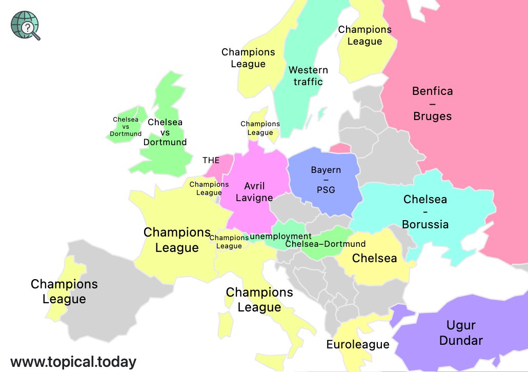 TopicalMaps's tweet image. Top Google Trends in Europe by country today. 

#ChampionsLeague #AvrilLavigne #ChelseaDortmund #BayernvsPSG 

More info at topical.today/regions/europe