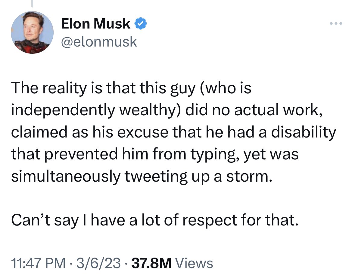 generosss's tweet photo. I just can’t wrap my mind around someone ever questioning @iamharaldur's work ethic and in the same sentence implying he embellishes his disability to his own advantage. Anyone that’s ever had the opportunity to work beside Halli knows he doesn’t make excuses and he doesn’t let anything hold him back. 

Elon lashing out this way just shows how threatened he feels and proves how weak/fragile he truly is.