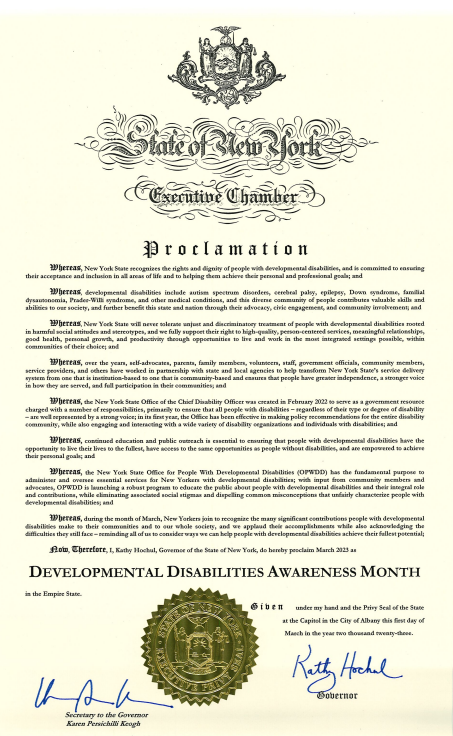 NYSCDD's tweet image. Gov. Hochul issued a proclamation celebrating Developmental Disabilities Awareness Month in NYS. Thank you to the Governor for her recognition as we celebrate and highlight how people with and without disabilities unite to form strong, diverse communities. 

#DDAwareness2023
