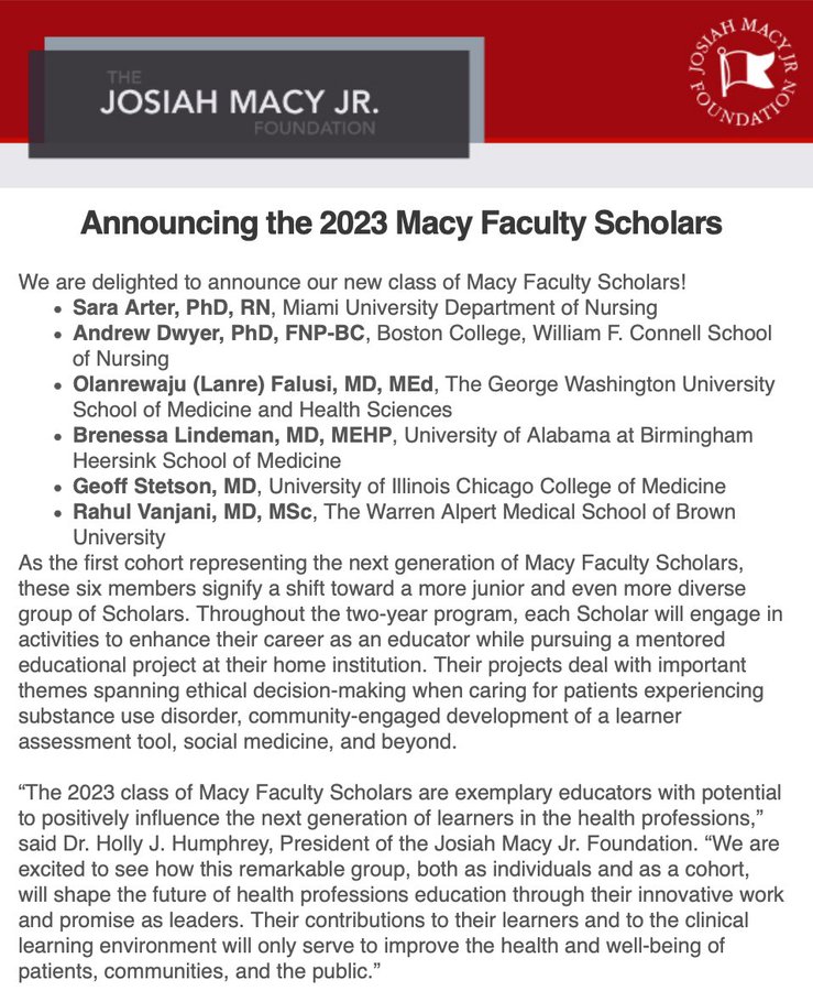 I am so honored and thrilled to named a 2023 Macy Faculty Scholar and be part of this amazing community! @macyfoundation @BC_CSON