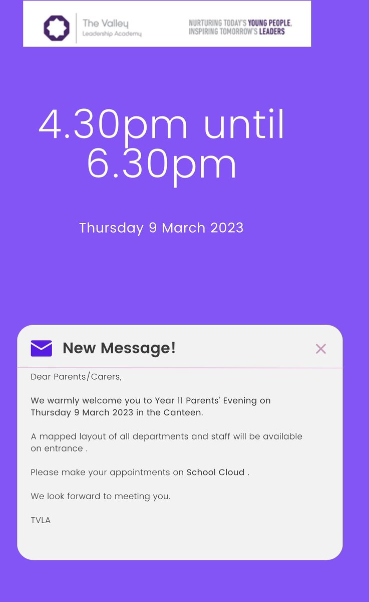 ValleyLAcademy's tweet image. Year 11 Parents’ Evening on Thursday 9 March 2023 #WeAreStar @StarAcademies