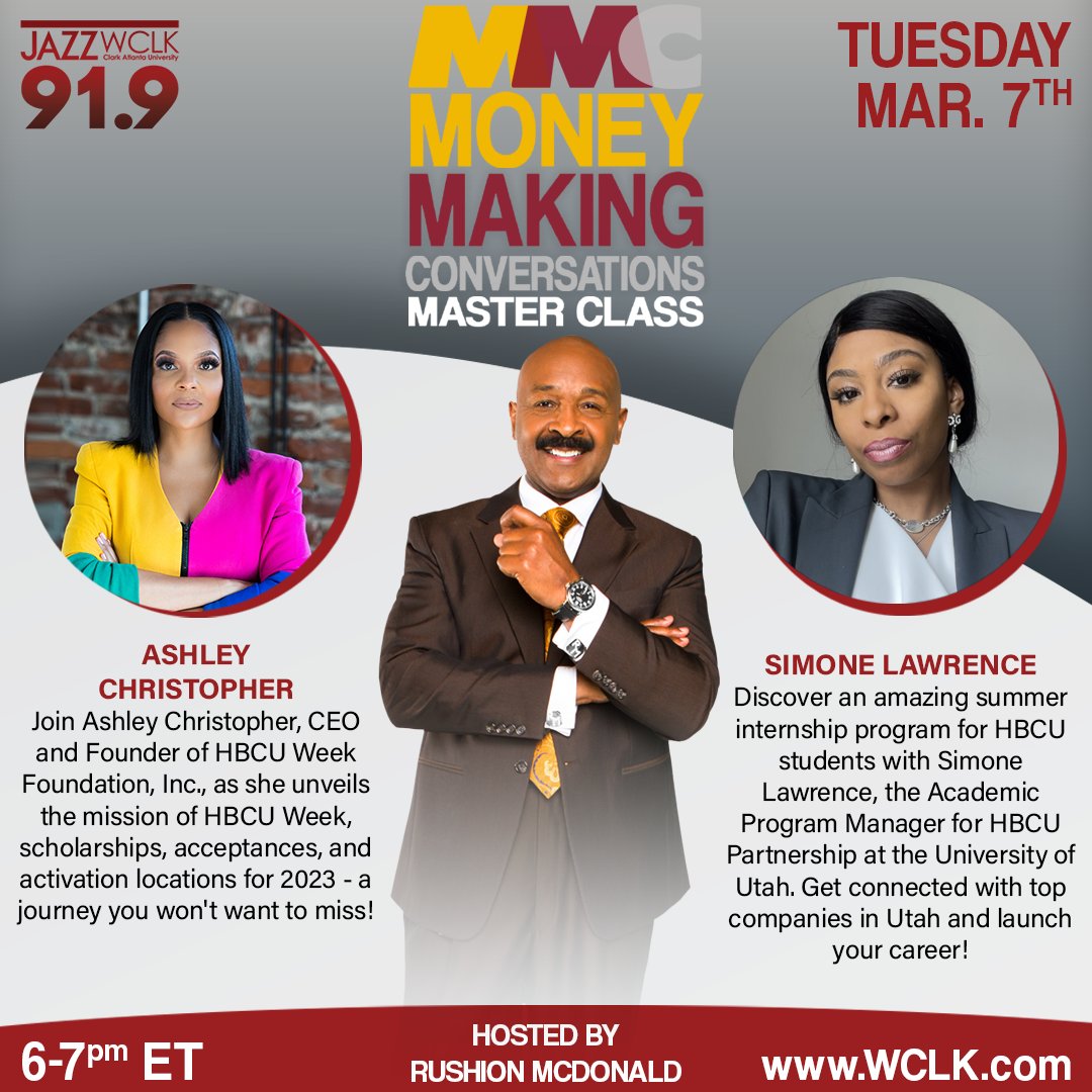 Join me this evening for an exceptional HBCU Opportunities master class with Ashley Christopher, CEO and Founder of HBCU Week Foundation, Inc and Simone Lawarence, the Academic Program Manager for HBCU Partnership at the University of Utah. #mmc #rushionmcdonald #wclk919 #hbcu