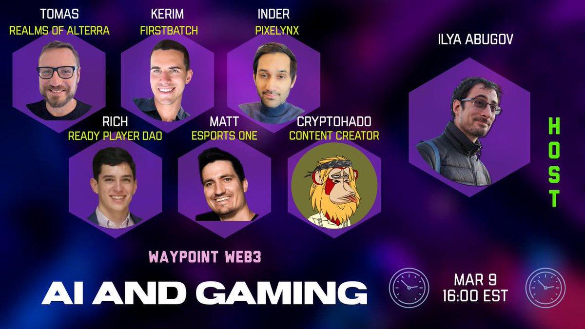 AbugovIlya's tweet image. AI’s presence is felt in gaming. Is it good, bad or neither? We discuss on #WaypointWeb3 with:

@ReadyPlayerRich @ReadyPlayerDAO 
@MatthewGunnin @EsportsOne 
@CryptoHado 
@inderphull22 @pixelynx_io 
@519Odin 
@kerimrocks @FirstBatchxyz_ 

Don’t miss it: