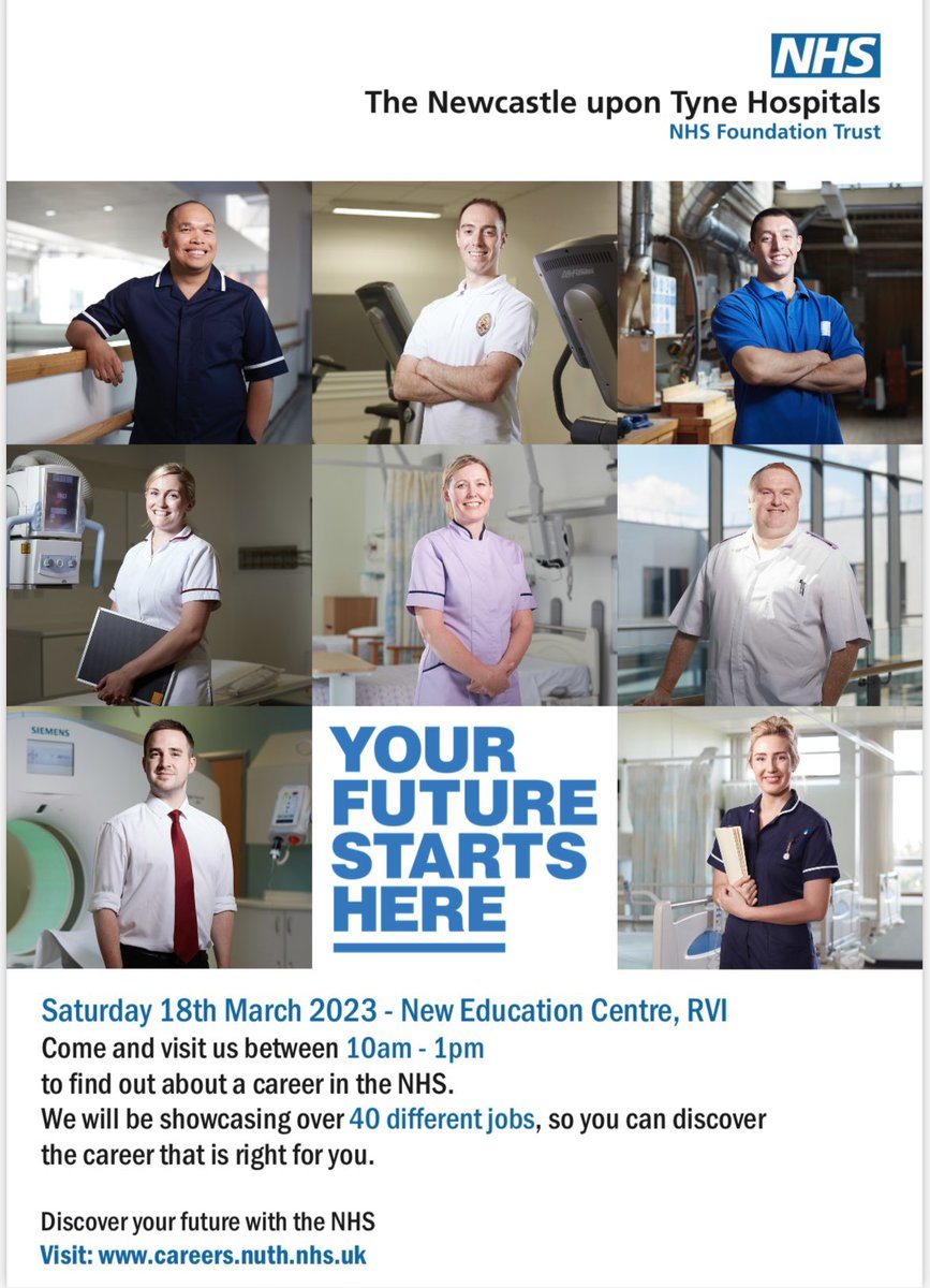 NUTH Careers Day - Sat 18th March 10am till 1pm at the RVI. Come along to the Northumbria University stand to discuss undergraduate/postgraduate/apprenticeship programmes / BSc/ MSc top up degrees @adult_nu @HsNursing @NuthPracticeEd @PorteousDr