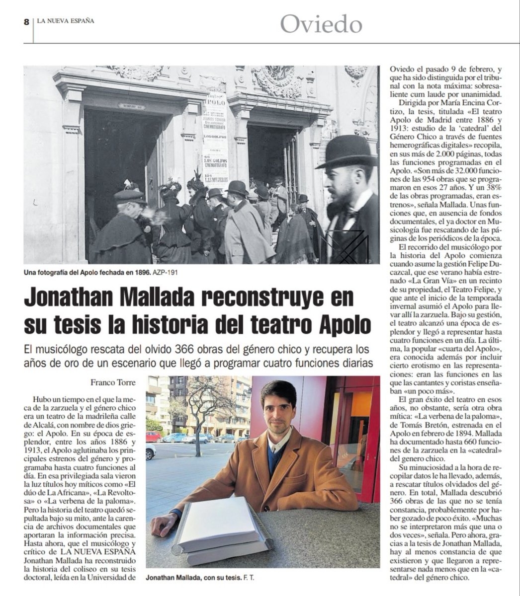 JonathanMallada's tweet photo. Cuatro años y medio de intenso trabajo💪🏻 que han fructificado en la tesis "El teatro Apolo de Madrid entre 1886 y 1913: estudio de la 'catedral' del género chico a través de fuentes hemerográficas digitales", dirigida por @mar_corti en @fyluniovi.
#DoctorMallada
#LaZarzuelaMola https://t.co/9bKaCdwP0z