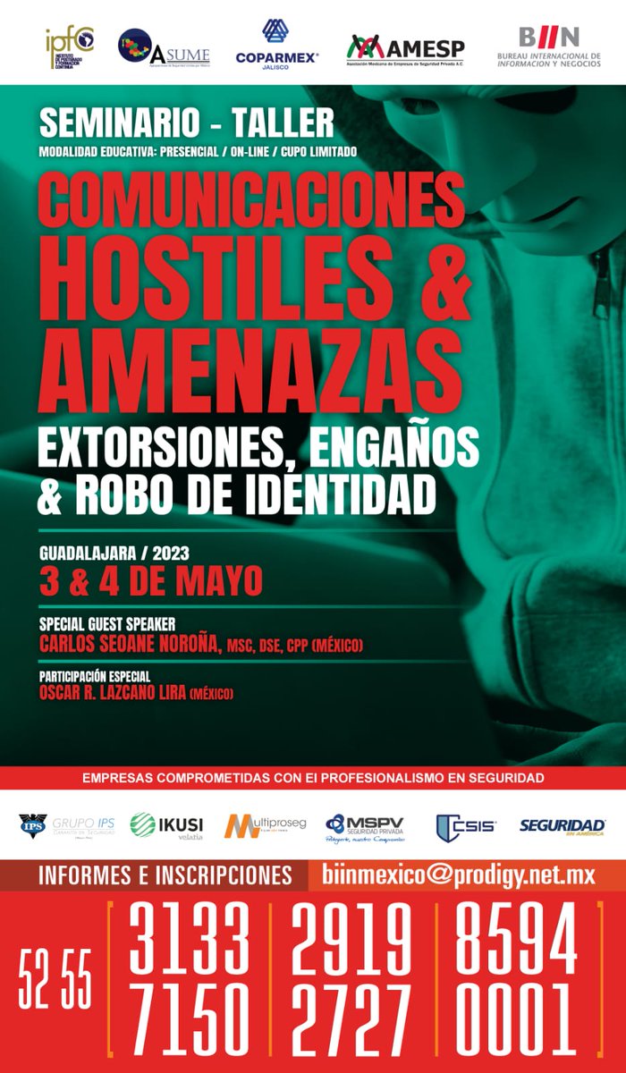 ASUME_SegPriv's tweet photo. Con el propósito de proporcionar a Directivos de Administración, Seguridad o Protección los conocimientos, criterios y metodología para gestionar situaciones hostiles y amenazas en sus empresas, #ASUME y #BIIN te invitan al Seminario-Taller con dos grandes expertos:👇🏻
1/2 https://t.co/LF0Ws6xmlx