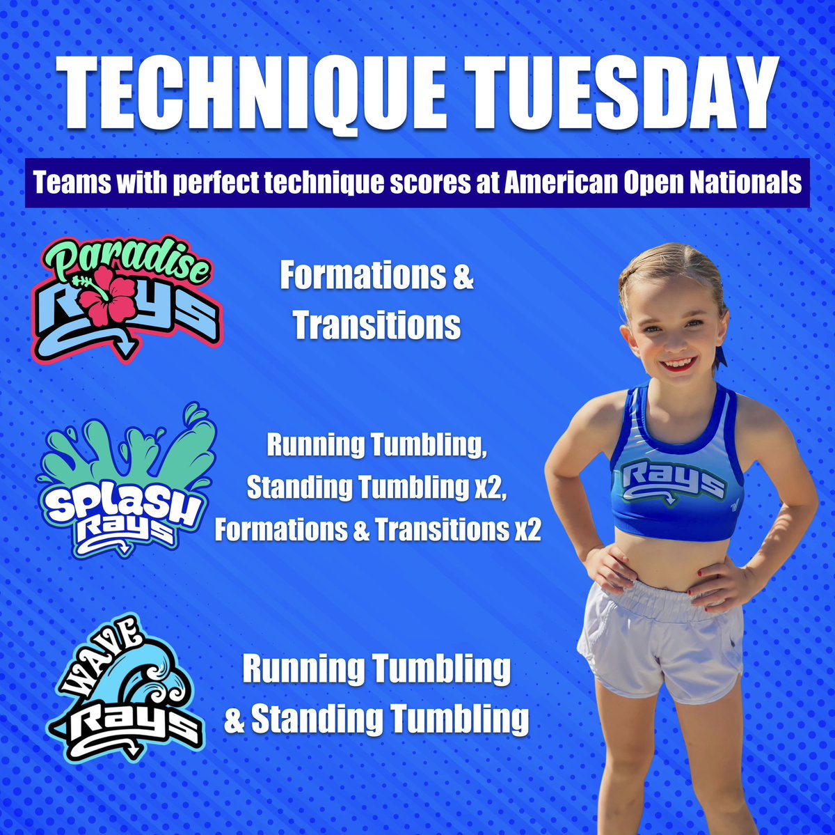 𝗧𝗘𝗖𝗛𝗡𝗜𝗤𝗨𝗘 𝗧𝗨𝗘𝗦𝗗𝗔𝗬 💙🤙🏼

Shoutout to these teams for receiving 𝐏𝐄𝐑𝐅𝐄𝐂𝐓 technique scores this weekend at American Open Nationals! ✨

You are truly RAYSing the standard! 💙💚

#TheStingrayAllstars #TampaRays #RAYSthestandard #MOREthanagym #BIGgymbiggerFAMILY