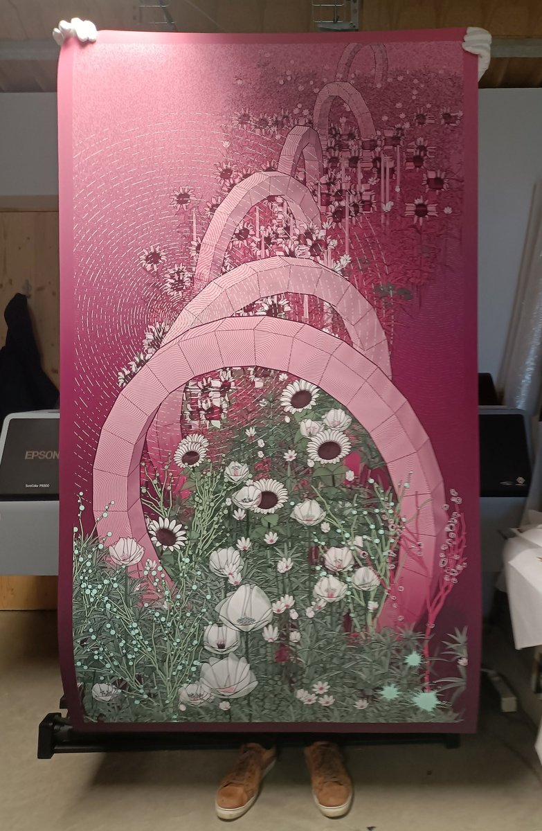 Today with <a href="/benoit_cary/">Benoit Cary</a>  we printed our largest size so far. "Lushtemples — The Gateway", sold with <a href="/ChristiesInc/">Christie's</a> to <a href="/ALFADAF/">ALFA</a> , exhibited in Miami with <a href="/nftnow/">nft now</a> and now heading at <a href="/Kyloren_NFT/">Kylo.eth</a>  home. 
Good luck my friend with framing this giant ! I hope many ppl can watch this