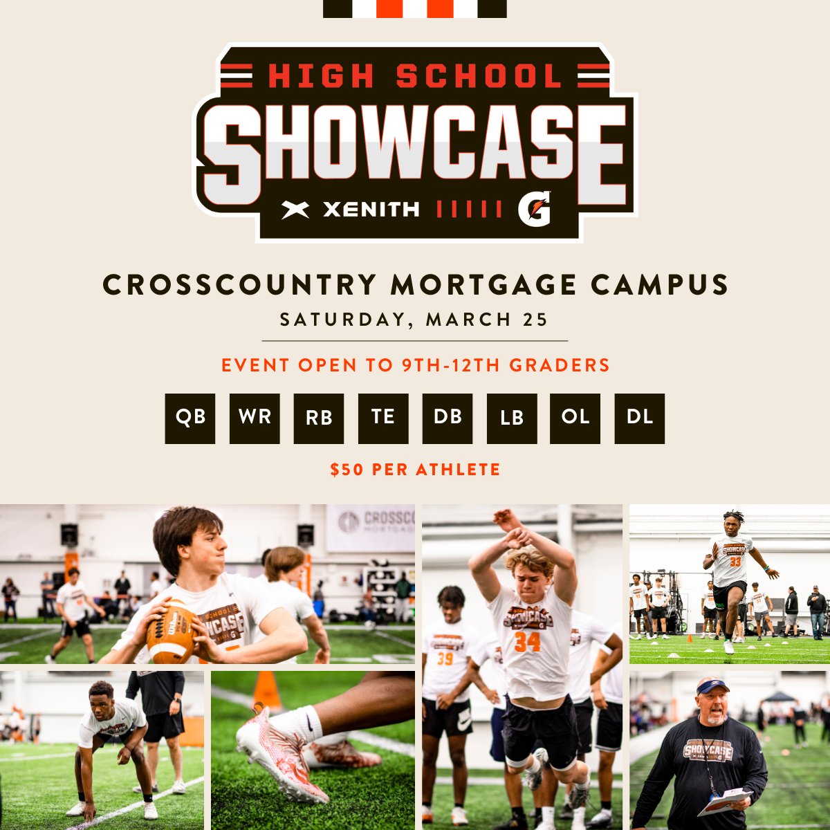 Cleveland Browns High School Showcase🏈

Date: March 25, 2023 🗓️
Session 1⃣: 9-12PM
Session 2⃣: 1-4PM
Location: CrossCountry Mortgage Campus📍
Calendar: Mark it ✅

Registration🔗: bit.ly/3J0sq8H