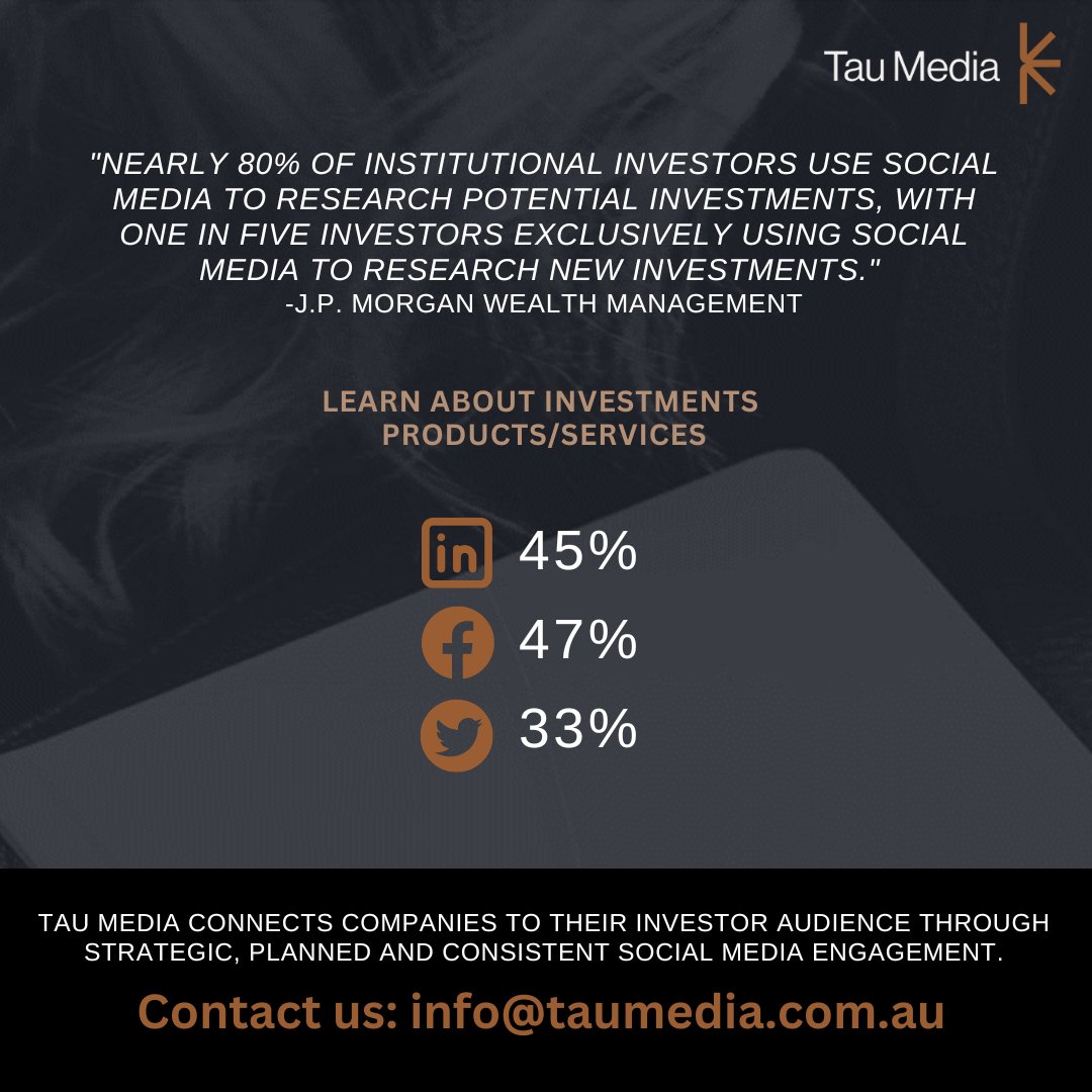 The key advantage of #socialmedia is that it enables organisations to have more control of their information environment. It presents an opportunity for companies to broadly and rapidly get information in front of their #investor audiences.  

taumedia.com.au