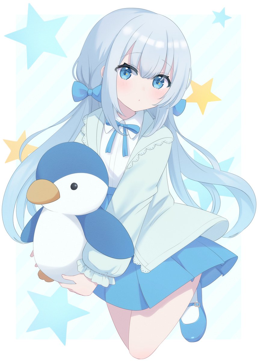 1girl blue eyes skirt stuffed penguin stuffed toy long hair stuffed animal  illustration images