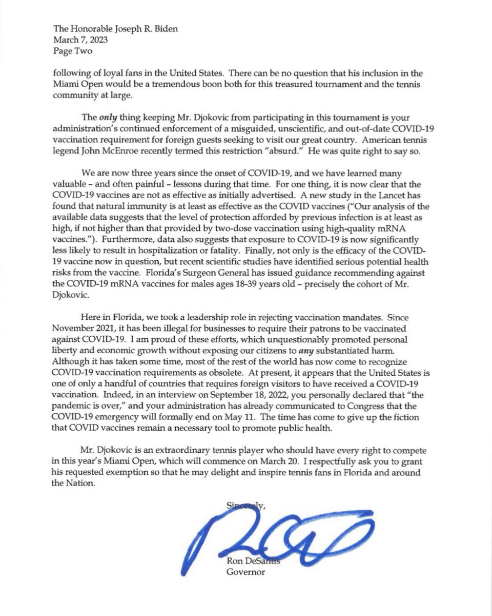 The only thing keeping Novak Djokovic from participating in the Miami Open tennis tournament is President Biden’s misguided and unscientific COVID-19 vaccination requirement for foreigner travelers.
 
Mr. President – lift your restrictions and let him compete.