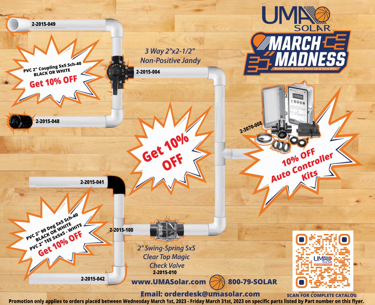 Let's bounce into March with some SERIOUS SAVINGS on some critical installation parts!
 
UMA has everything you need for a complete Solar Pool Heating system installation!
 
Buying it all from UMA not only saves you time, it saves you MONEY!
 
Scan the QR Code!