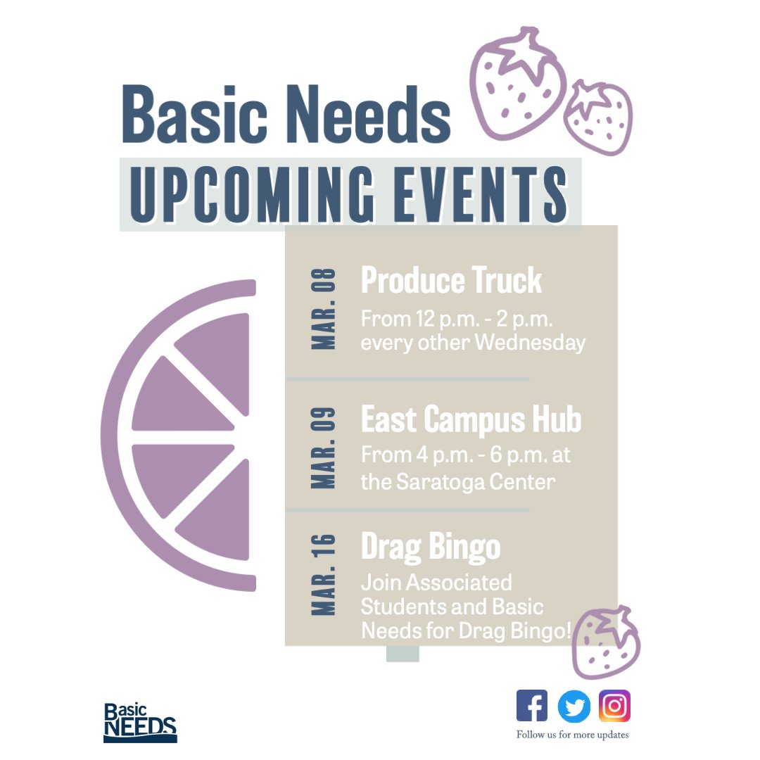 BasicNeedsCSUMB's tweet image. Upcoming events with Basic Needs! We are so excited to announce our second East Campus Hub pop-up! Check back for updates on the Produce Truck tomorrow; rains may affect this event.