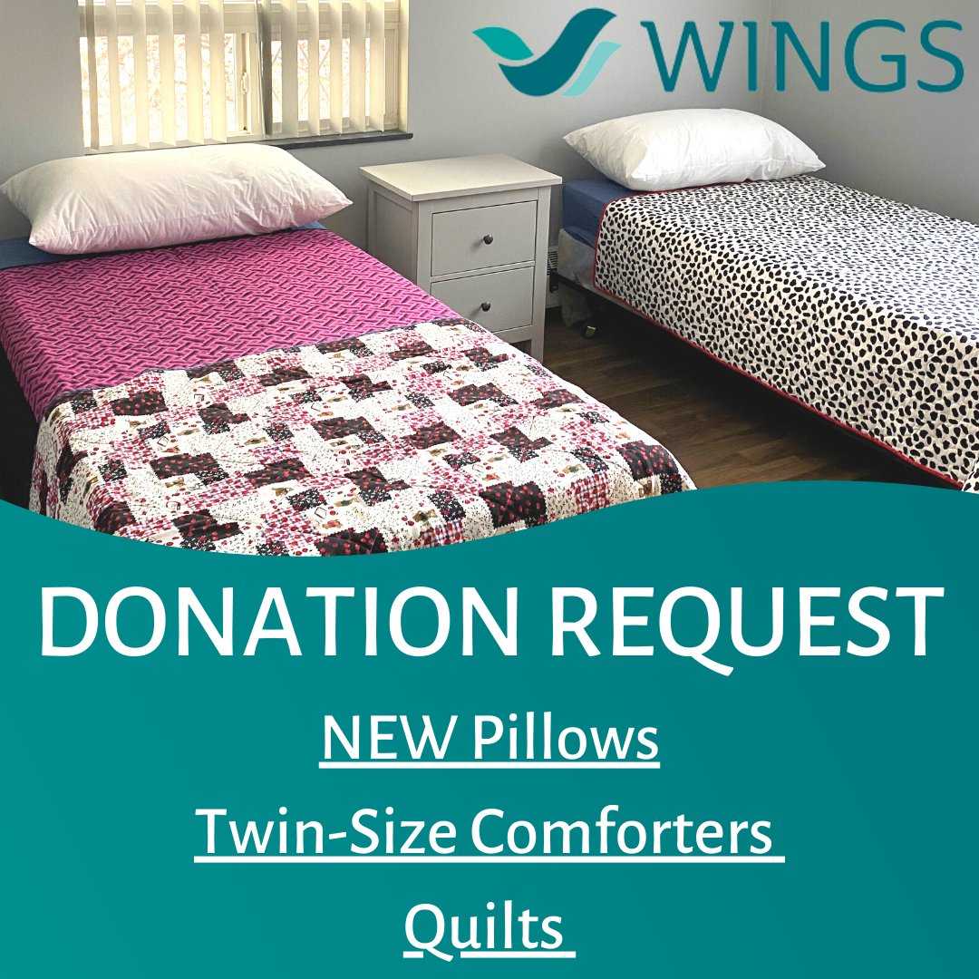 wingsofprov's tweet image. DONATION REQUEST!  We are in urgent need of:

-NEW PILLOWS
-NEW TWIN-SIZE COMFORTERS/QUILTS

Thank you for your support! 

To schedule a drop-off time, please phone 780-426-4985 or email dgregg@wingsof providence.ca