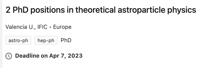 👉👩‍🎓We are offering 2 PhD positions at IFIC (<a href="/IFICorpuscular/">Inst.Fís.Corpuscular</a>). I would appreciate if you can share the offer among potential candidates: inspirehep.net/jobs/2638923