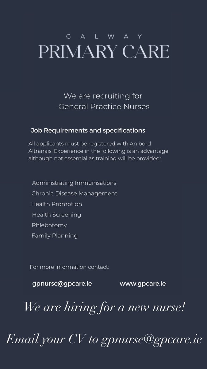 We are looking for a nurse to join our primary care team in Galway. Please tag anyone you know who may be interested 🙏😊