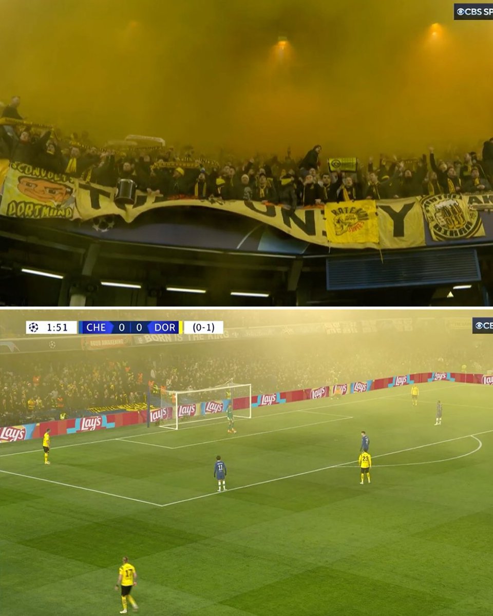 Bansebrother's tweet photo. BVB traveling fans have Stamford Bridge looking yellow but they going home with a blue 💙😭 #CHEDOT #UCL https://t.co/lOaQ8Zq211