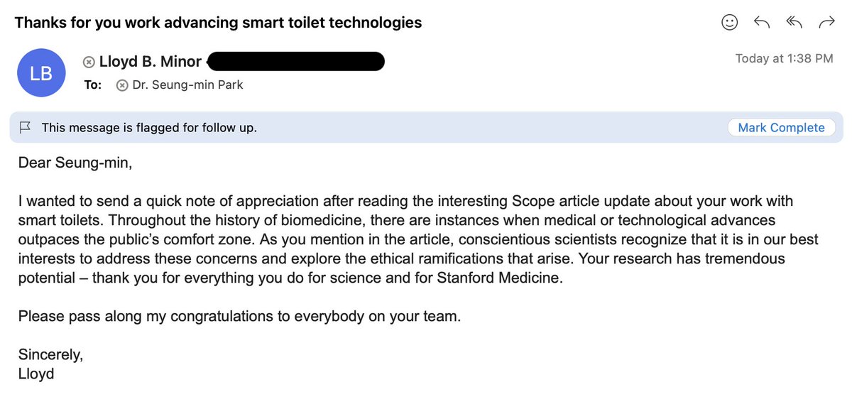 SeungminPark_'s tweet image. Just received an email from the Dean of School of Medicine at Stanford, congratulating me on my work with smart toilets! It&apos;s an honor to be acknowledged for the ethical implications of my research. Thank you to my team for their support. #EthicalResearch #SmartToilets