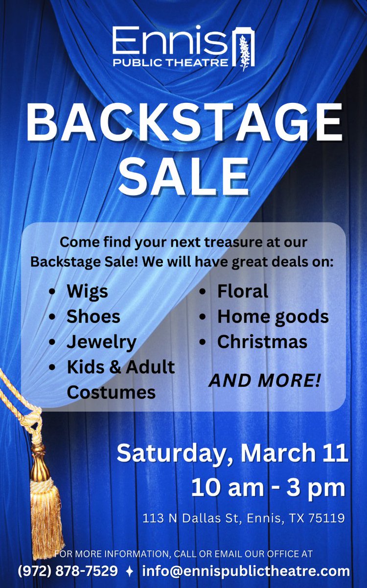 Well this is something special! Come on out for the Backstage Sale at the Ennis Public Theatre this Saturday, March 11th, 10am-3pm, 113 N Dallas St.