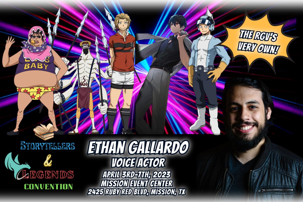 SLC_Wordsmith's tweet photo. 📣💥 CELEBRITY GUEST ANNOUNCEMENT 💥📣

MEET voice actor &amp; RGV's own Ethan Gallardo at Storytellers &amp; Legends Convention in Mission, TX April 3-7, 2023!  You can hear Ethan in #DailyLifeoftheImmortalKing, #OnePiece, #MHA, &amp; more!

🎟️ Tickets: https://t.co/HpO62vhc7B https://t.co/9wHKWAX0Vz