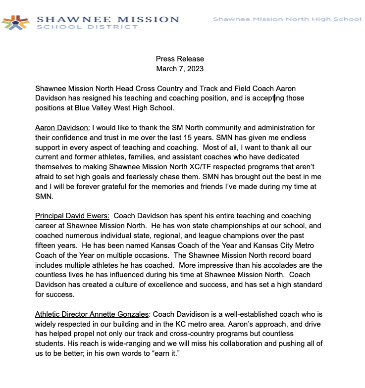 Coach Aaron Davidson has resigned his teaching and coaching positions for the 2023-2024 school year. Please see the press release.